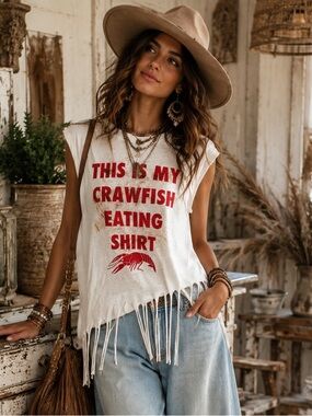 Gildan White Fringe Tank Top with Red Crawfish Graphic Size: XL